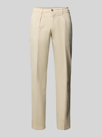 Produktfoto, Hose mit Bügelfalten und Gesäßtaschen von Profuomo aus beigefarbenem Baumwoll-Elasthan-Mix, Relaxed Fit, glatte Oberfläche