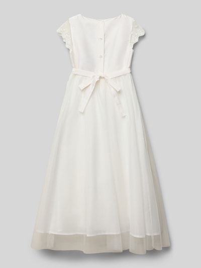 Meisje draagt Maxikleid mit Rundhalsausschnitt van Une Hautre Couture, wit, taillering, strik, knopen, rugaanzicht, geheel lichaam.