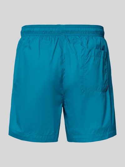 Produktfoto, spodenki kąpielowe Badeshorts mit Label-Print Modell 'HAITI' od HUGO, efekt: jednolity kolor, elastyczny ściągacz, wpuszczane kieszenie, kieszeń z tyłu, tunel, materiał gładki, kolor niebieski