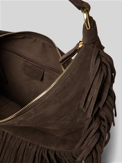 Produktfoto, Handtasche aus Leder mit Fransen Modell 'NANA' von Abro in Dunkelbraun mit Reißverschluss, Struktur und Label-Detail, Nahaufnahme