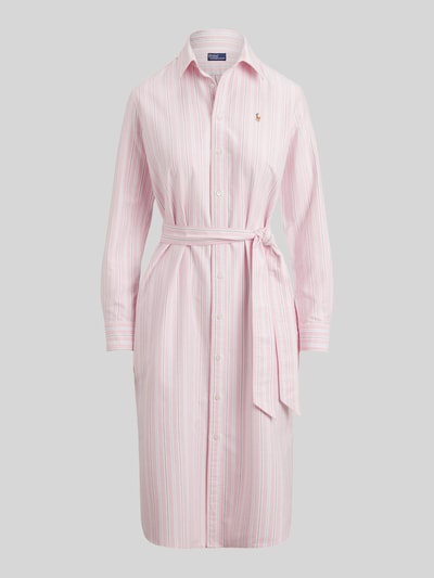 Produktfoto, Regular Fit Oxford-Hemdblusenkleid mit Gürtel von Polo Ralph Lauren, rosa-weiß gestreift, Midi-Länge, reine Baumwolle, Logo-Stitching, Knopfleiste, Taillengürtel, seitliche Eingrifftaschen, glatte Textur