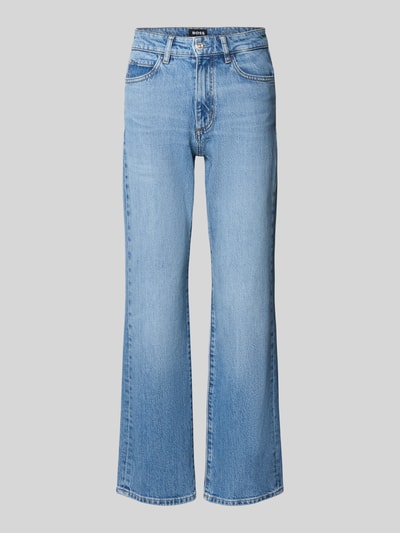 Produktfoto, jasnoniebieskie jeansy bootcut z bawełnianego denimu, delikatne przetarcia, Slim Fit Bootcut-Jeans aus Baumwoll-Mix Modell 'PARKWAY-STR' von BOSS, kontekst: damskie bootcut-jeans od BOSS