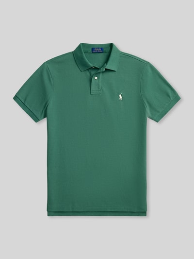 Produktfoto, Regular Fit Poloshirt aus reiner Baumwolle von Polo Ralph Lauren in Grün, unifarbenes Piqué-Gewebe, Logo-Detail, Polokragen, kurze Knopfleiste, kurze Ärmel, gerippte Abschlüsse, Seitenschlitze, asymmetrischer Saum