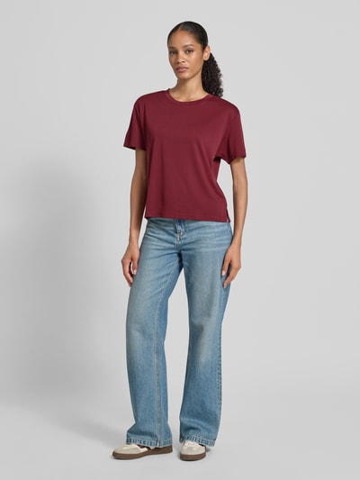 Jake*s Casual T-shirt met geribde ronde hals Donkerrood - 1