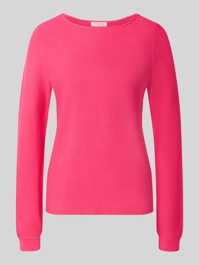 Produktfoto, Pullover aus reiner Baumwolle in Strick-Optik von Christian Berg Woman in kräftigem Pink, körpernahe Passform, Rundhalsausschnitt, glatte Struktur, lange Ärmel, Rückenlänge und Ärmellänge bei Größe S.