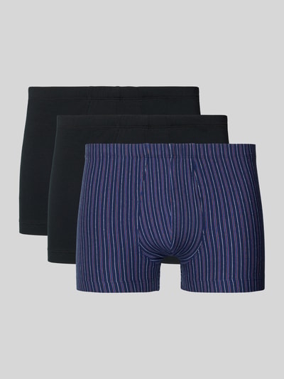 Produktfoto, Slim Fit Boxershorts mit elastischem Bund im 3er-Pack von Schiesser für Herren, Baumwoll-Mix, zwei schwarz, eine navy mit Streifen.