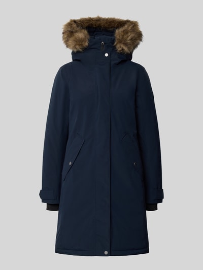Produktfoto, Regular Fit Parka mit Kunstfellbesatz Modell 'ERNA' von Didriksons in Dunkelblau, glatte Textur, Kapuze, Frontansicht, Damen Parka, Thermore Füllung, 10.000mm Wassersäule, Rückenlänge 93 cm, Schulterbreite 42 cm, Brustweite 51 cm, Ärmellänge 66 cm