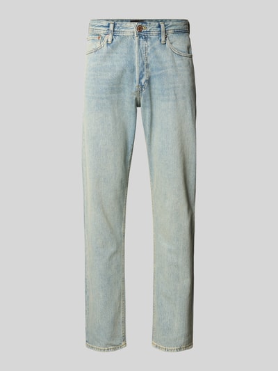 Produktfoto, Relaxed Fit Jeans im Used-Look Modell 'CHRIS' von Jack & Jones aus Reine Baumwolle, hellblaue Farbe, gerade Beinform, Used-Look, Bundweite bei Größe 32/34: 43 cm, Innenbeinlänge: 77 cm.