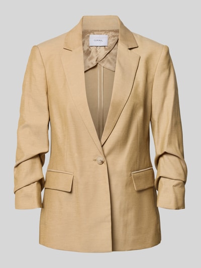 Produktfoto, Slim Fit Blazer mit Pattentaschen und gerafften Ärmeln von Comma aus Material-Mix mit Leinen-Anteil, beigefarbene Textur