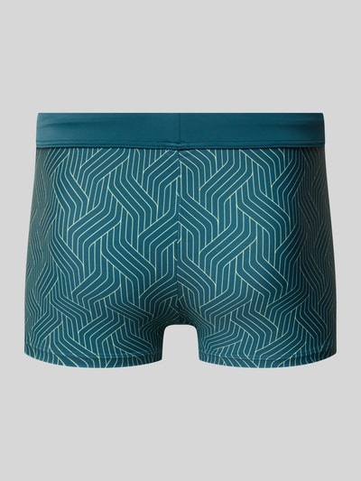 Produktfoto, Slim Fit Badehose mit Tunnelzug von Schiesser für Herren aus Elastischer-Material-Mix in Blau mit grafischem Muster, Rückansicht.