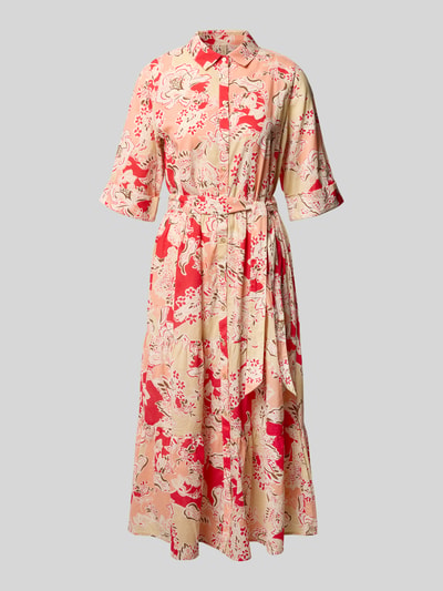 Produktfoto, Hemdblusenkleid aus Viskose Modell 'FALDINE' von Soyaconcept, Tailliert, Midikleid, Umlegekragen, Knopfleiste, Bindegürtel, 3/4-Arm, florales Muster in Rot und Beige, fließende Textur