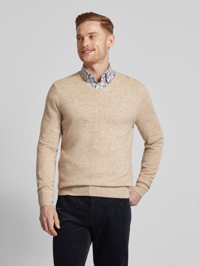 Christian Berg Men Strickpullover mit gerippten Abschlüssen Hellbraun Melange 4