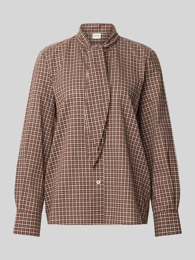 Produktfoto, Bluse aus reiner Baumwolle mit Knotendetail von Stefanel, bruin met wit ruitpatroon, puur katoen, getailleerde pasvorm, knoopdetail, doorlopende knoopsluiting, manchetten, ruglengte maat S 67 cm, mouwlengte maat S 62 cm