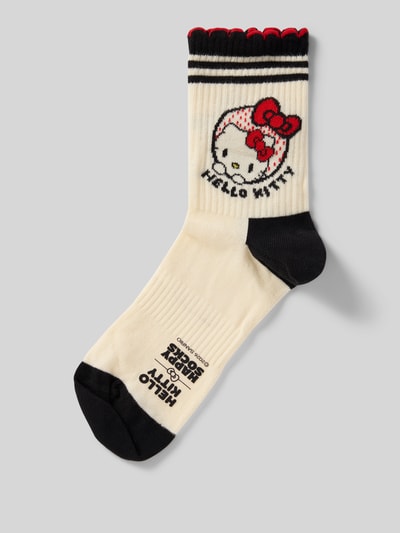 Produktfoto, Socken aus Baumwoll-Mix Modell 'HELLO KITTY RIBBON' von Happy Socks, beige mit schwarzem Bund, Ripp-Optik, Muschelsaum, Label-Detail