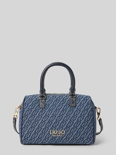 Produktfoto, Satchel in Denim-Optik Modell 'Evrim' von Liu Jo White aus Baumwoll-Mix mit Logo-Detail, Hauptfach mit Reißverschluss, abnehmbarer Schulterriemen, Maße 27x17x16 cm, Riemenlänge 120 cm
