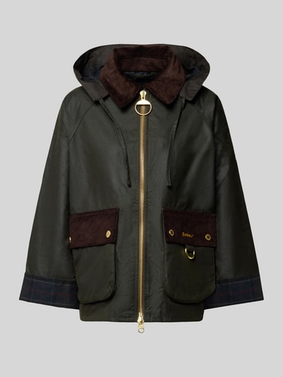 Produktfoto, Regular Fit Funktionsjacke aus reiner Baumwolle Modell 'CARVILLE' von Barbour Damen Funktionsjacke, dunkelgrün mit braunen Details, goldener Reißverschluss, strukturierte Oberflächen