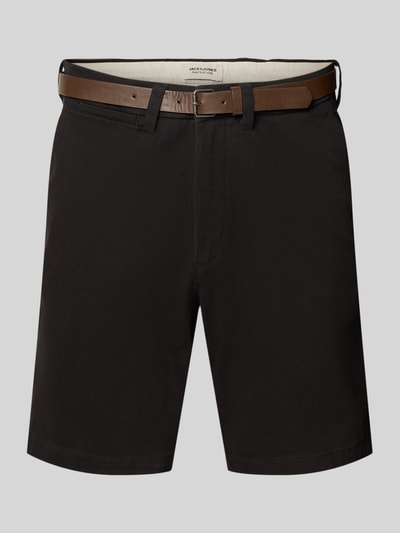 Produktfoto, schwarze Straight Fit Shorts mit abnehmbarem Gürtel Modell 'Adam' von Jack & Jones aus elastischem Baumwoll-Mix, Vorderansicht