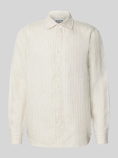 Produktfoto, Regular Fit Freizeithemd mit Kentkragen und Sportmanschetten von JAKE*S STUDIO MEN aus reinem Leinen, feine beige Streifen auf naturweißem Grund, Knopfleiste, abgerundeter Saum, strukturierte Leinen-Textur, Rückenlänge 77 cm, Schulterbreite 49 cm, Ärmellänge 65 cm, Größe M.