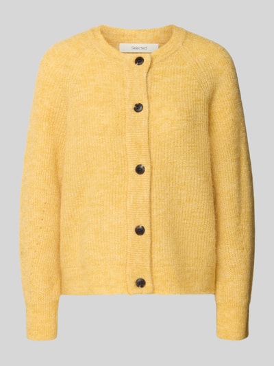 Produktfoto, Regular Fit Strickjacke aus Woll-Mix mit Alpaka-Anteil Modell 'LULU' von Selected Femme, jednolity kolor, krój regular fit, listwa guzikowa, dekolt okrągły, długie raglanowe rękawy, prążkowane wykończenia, prążkowana dzianina, mieszanka wełny i alpaki
