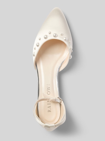 Produktfoto, Czółenka z obszyciem ozdobnymi kamieniami Pumps mit Ziersteinbesatz Modell 'Maya' von Rainbow Club, kremowy kolor, zapinane na sprzączkę, krój wąski, wysokość obcasa w rozmiarze 39: 3 cm, szerokość cholewki w rozmiarze 39: 8 cm