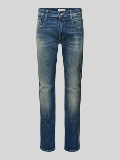 Produktfoto, Slim Fit Jeans aus Baumwoll-Mix im Destroyed-Look von Replay, blau mit Kontrastnähten und 5-Pocket-Design, authentische Used-Textur.