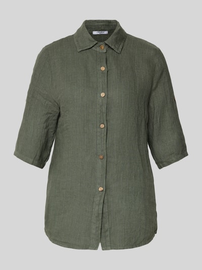 Produktfoto, Leinenbluse mit 1/2-Arm Modell 'Si44laa' von ZABAIONE in Olivgrün, reine Leinenstruktur, Regular Fit, Hemdblusenkragen, Holzkopfknöpfe