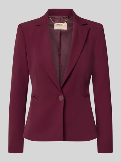 Produktfoto, Slim Fit Blazer mit Reverskragen van Rinascimento in bordeauxrood, één knoopsluiting, paspelzakken, gladde structuur, ruglengte maat S 56 cm.