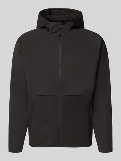 Produktfoto, Regular Fit Sweatjacke mit Kapuze Modell 'Base' von Jack & Jones in Schwarz, glatte Textur, Reißverschluss, Eingrifftaschen, elastischer Material-Mix mit Baumwoll-Anteil