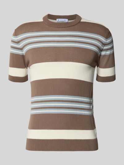 Produktfoto, Strickshirt mit Rundhalsausschnitt von Manuel Ritz aus reiner Baumwolle, Slim Fit, braun-beige mit blauen Streifen, strukturierte Oberfläche