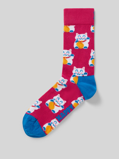 Produktfoto, Socken im Allover-Look Modell 'Lucky Neko' von Happy Socks in Pink mit buntem Muster, Damen Socken, Baumwoll-Mix mit Stretch-Anteil