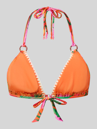 Produktfoto, Bikini-Oberteil im Allover-Look Modell 'YERO ALAMEA' von Banana Moon aus Material-Mix mit Stretch-Anteil in Orange mit buntem Neckholder und Schnürung, körpernahe Passform, glatte Textur