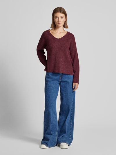 Tom Tailor Denim Relaxed fit gebreide pullover met V-hals Donkerrood - 1