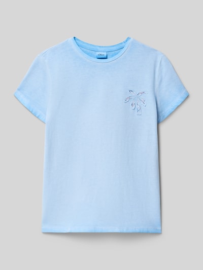 Productfoto, lichtblauw regular fit T-shirt van puur katoen met geborduurde palm, gladde textuur, Regular Fit T-Shirt aus reiner Baumwolle van s.Oliver RED LABEL