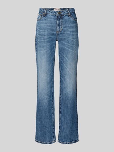 Produktfoto, blauw katoenen stof met lichte used-wassing, rechte pijpen, 5-pocketmodel, labeldetail, Straight Fit Jeans aus Baumwoll-Mix van GUESS, mix van katoen en elastaan, knoop- en ritssluiting, Dames jeans, binnenbeenlengte 81 cm, bandwijdte 40 cm bij maat 27/32