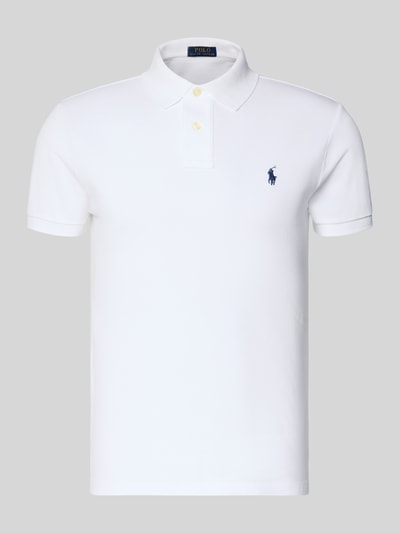 Produktfoto, Poloshirt mit Label-Stitching von Polo Ralph Lauren in Weiß, reine Baumwolle, Slim Fit, Polo-Kragen, kurze Knopfleiste, gerippte Ärmelabschlüsse, Rückenlänge bei Größe M 66 cm