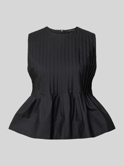 Produktfoto, Bluse mit gelegten Falten von Copenhagen Muse in Schwarz aus Material-Mix mit Baumwoll-Anteil, taillierte Passform, ärmelloses-Design, Rundhalsausschnitt, Rückenlänge 49 cm in Größe S, glatte strukturierte Oberfläche.