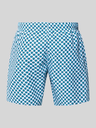 Produktfoto, Regular Fit Badehose mit Allover-Motiv-Print von Colmar Originals in Hellblau mit blauem Muster, elastischer Bund und Tunnelzug.