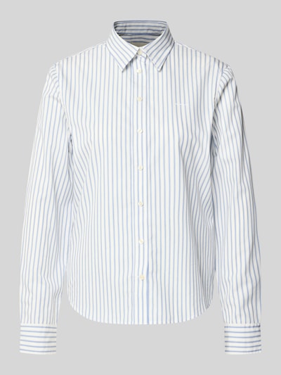 Produktfoto, Regular Fit Bluse mit Label-Stitching von Gant aus reiner Baumwolle, Weiß mit blauen Streifen, Knopfleiste, Hemdblusenkragen