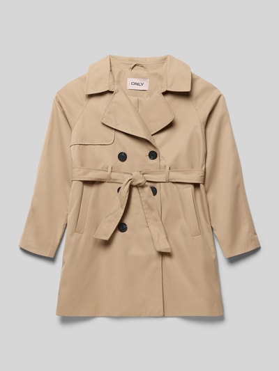 Produktfoto, Regular Fit Trenchcoat mit Reverskragen Modell 'CHLOE' von Only in Beige, doppelreihige Knopfleiste, Bindegürtel, seitliche Taschen