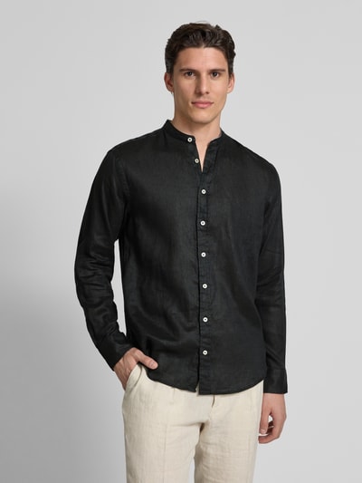 Fynch-Hatton Regular fit linnen overhemd met opstaande kraag Zwart - 4