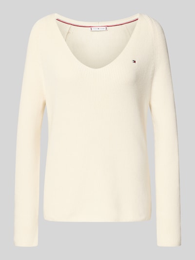 Produktfoto, Regular Fit Gebreide pullover uit puur katoen van Tommy Hilfiger in effen kleur, ribtricot, V-hals, applicatie met logostitching.