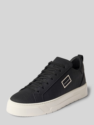 Produktfoto, Sneaker aus echtem Leder mit Schlangen-Print von Antony Morato, schwarzes Obermaterial, weiße Gummisohle, Logo-Detail, abgerundete Passform, Herren Sneaker, Schnürverschluss, Absatzhöhe 4 cm, Schafthöhe 8 cm, Schaftweite 11 cm