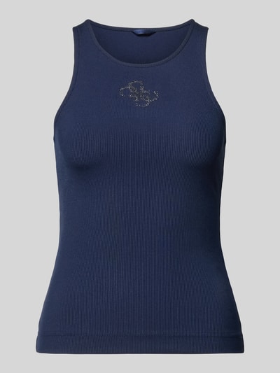 Produktfoto, Top 'Tanktop in Ripp-Optik mit Logo' von Guess, mieszanka materiałów z dodatkiem streczu, krój slim fit, efekt prążkowania, logo, długość tyłu w rozmiarze S: 50 cm, kolor granatowy