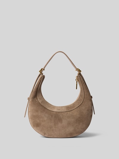 Productfoto, Shoulder Bag mit Logo-Detail Model 'Whisper' van Coccinelle in beige suède, hoofvak met ritssluiting, verstelbare schouderband, breedte 24 cm, lengte 24 cm, diepte 6 cm, schouderriem lengte 55 cm