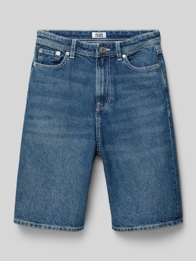 Produktfoto, Extra Baggy Fit Jeansshorts mit Eingrifftaschen von Jack & Jones, blaue Baumwolle, sichtbare Nähte, mittlere Waschung, glatte Textur.