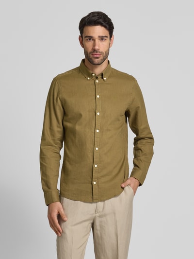 Casual Friday Regular Fit Leinenhemd mit Button-Down-Kragen Modell 'Anton' Oliv 4