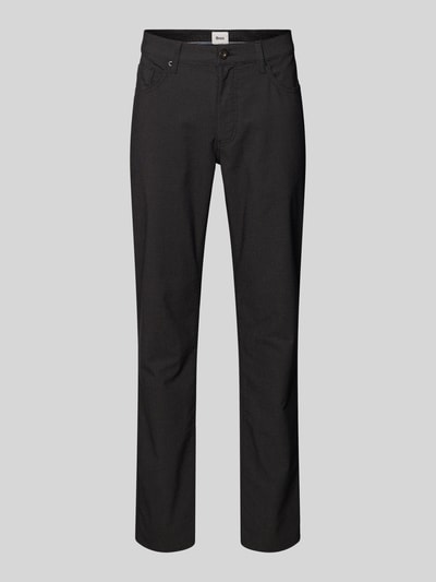 Produktfoto, dunkelgraue Stoffhose mit 5-Pocket-Design Modell 'Cadiz' von Brax, Baumwoll-Mix mit Stretch-Anteil, gerader Schnitt, Knopf- und Reißverschluss, Bundweite 43 cm, Innenbeinlänge 80 cm bei Größe 32/32