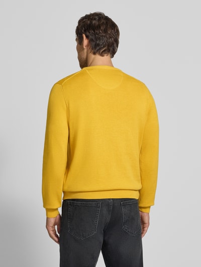 Männermodel trägt Strickpullover mit Label-Strickerei von Fynch-Hatton in Gelb, reine Baumwolle, gerader Schnitt, Rückenansicht, Ganzkörperansicht Rückansicht.