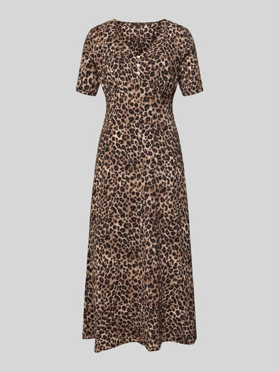 Productfoto, Midikleid mit V-Ausschnitt und kurzer knoopsluiting van Zero, materiaalmix met stretch, getailleerd model, bruine en zwarte luipaardprint, gladde textuur.