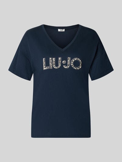 Produktfoto, Regular Fit T-Shirt aus reiner Baumwolle von Liu Jo White, dunkelblau mit Ziersteinbesatz und Logo-Detail, Damenmode
